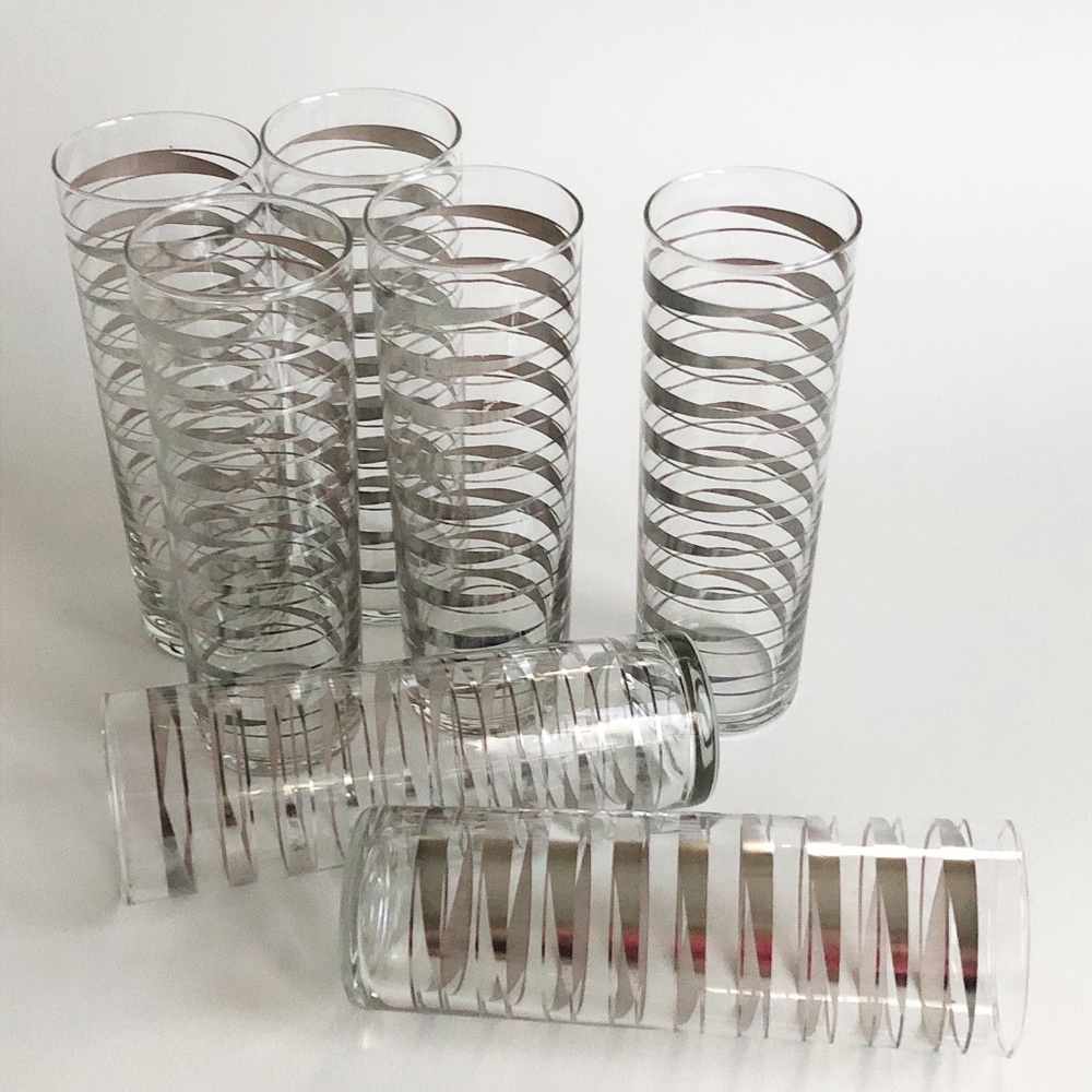 VTG Set 7 Libbey "Element" Tom Collins Ice Tea Glasses Diagonal Silver Stripes